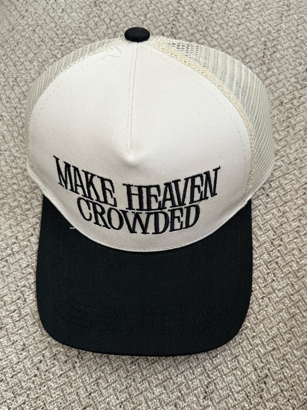 Make Heaven Crowded Black and Cream Trucker Hat Adjustable Snap Back NWOT